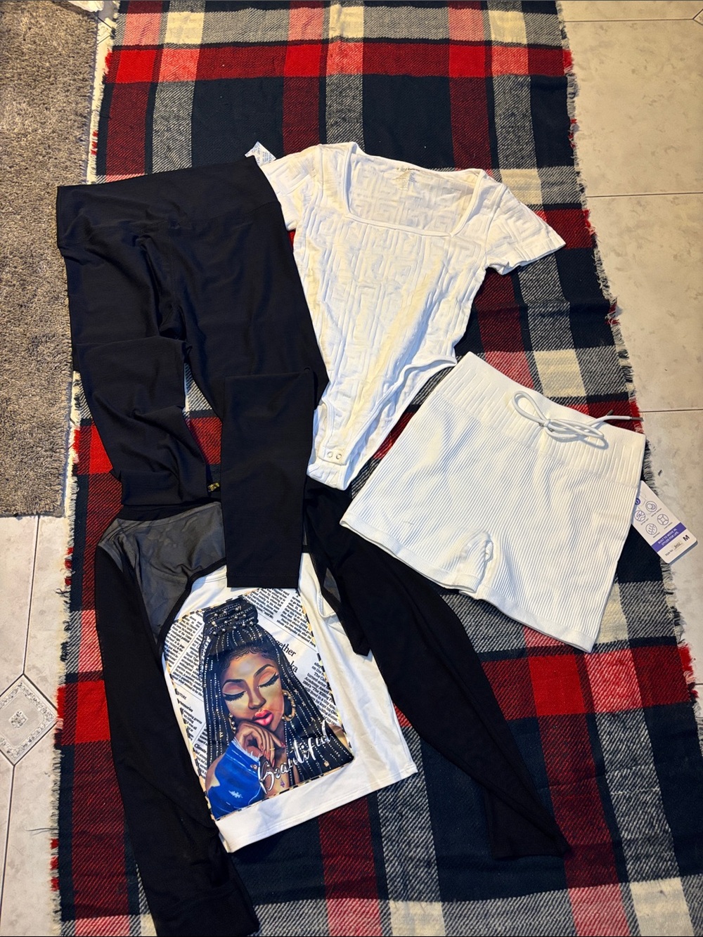 Bundle Black Yoga Pants White Shorts & White Bodysuit sequence Top